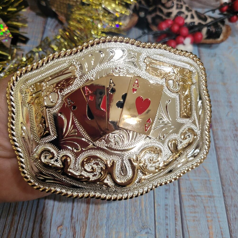 Four Aces Western Belt Buckle Cowboy Rodeo Buckle Silver & Rosetone Gun Accen